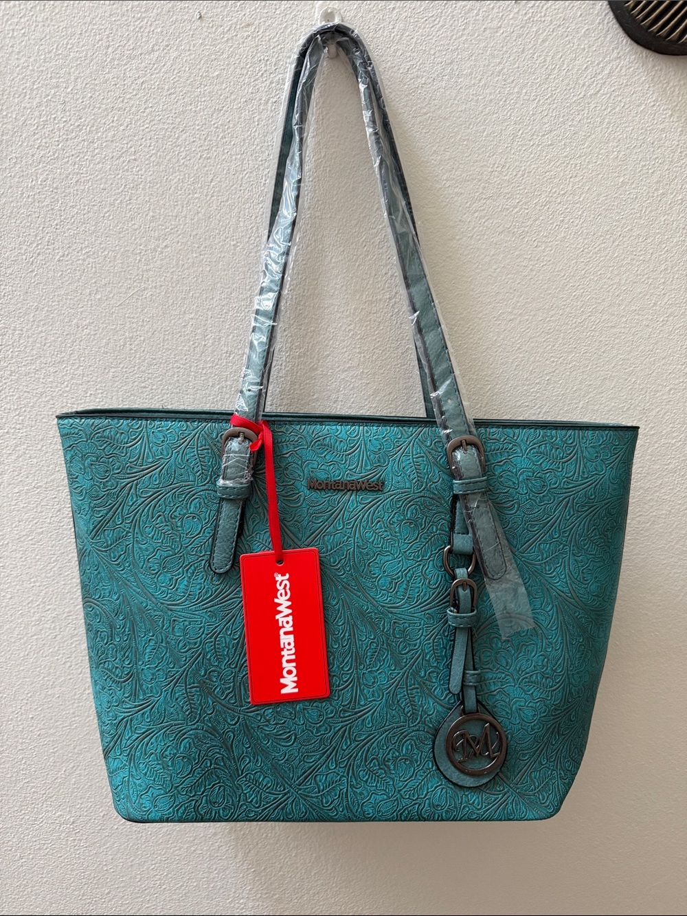 Montana West Teal Floral Embossed Tote with Charm